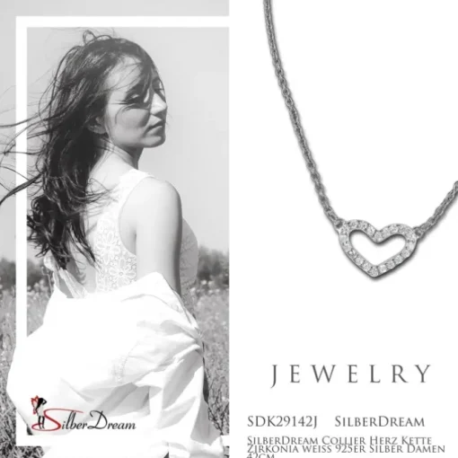 SilberDream Collier Herz Kette Zirkonia weiß 925er Silber Damen 42cm SDK29142J