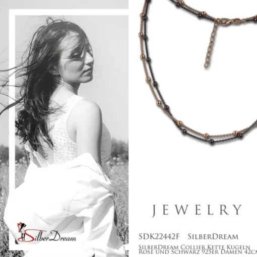 SilberDream Collier Kette Kugeln Rose und Schwarz 925er Damen 42cm SDK22442F