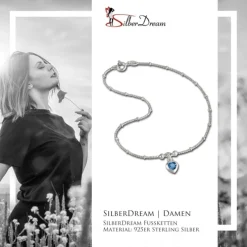 SilberDream Fußkette Herz 25cm Zirkonia blau Silber SDF2025B