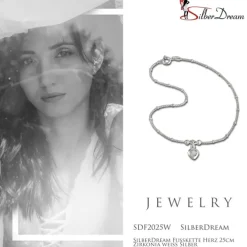 SilberDream Fußkette Herz 25cm Zirkonia weiß Silber SDF2025W