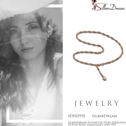 SilberDream Fußkette Herz Zirkonia 25,5cm Rose vergoldet und 925 Silber SDF0295E