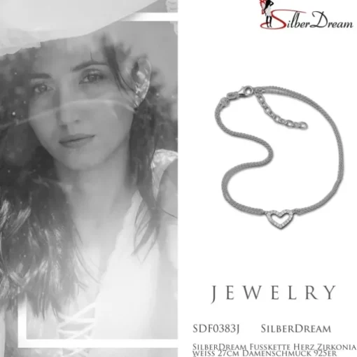SilberDream Fußkette Herz Zirkonia weiß 27cm Damenschmuck 925er Silber SDF0383J