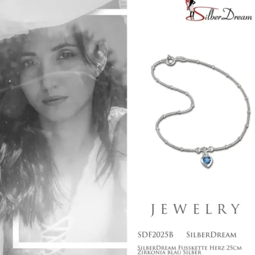 SilberDream Fußkette Herz 25cm Zirkonia blau Silber SDF2025B