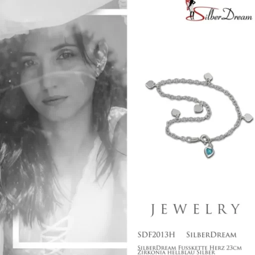 SilberDream Fußkette Herz 23cm Zirkonia hellblau Silber SDF2013H
