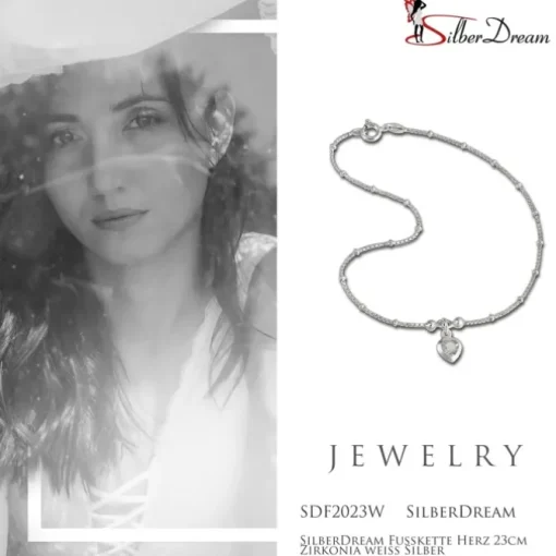 SilberDream Fußkette Herz 23cm Zirkonia weiß Silber SDF2023W