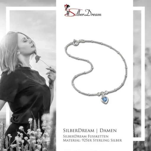 SilberDream Fußkette Herz 23cm Zirkonia hellblau Silber SDF2023H