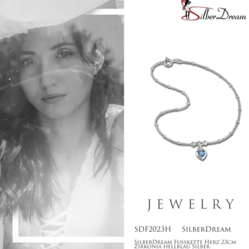 SilberDream Fußkette Herz 23cm Zirkonia hellblau Silber SDF2023H