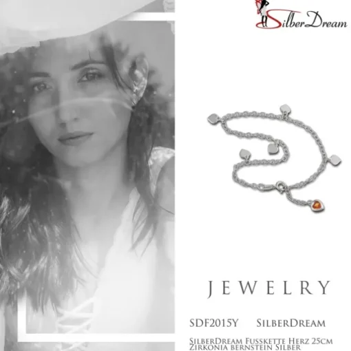SilberDream Fußkette Herz 25cm Zirkonia bernstein Silber SDF2015Y