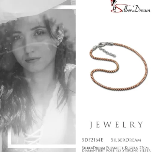 SilberDream Fußkette Kugeln 27cm diamantiert rose 925 Sterling Silber SDF2164E
