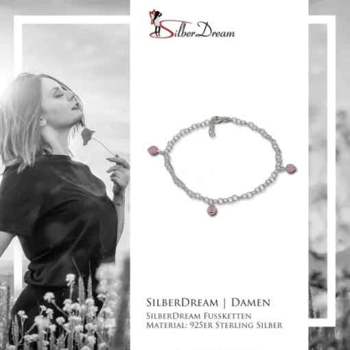 SilberDream Fußkette Kugel Glas rosa 25cm 925 Silber SDF011A