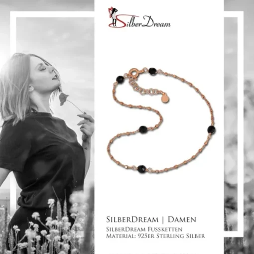 SilberDream Fußkette Perlen schwarz rosevergoldet 27cm 925er Silber SDF2234E