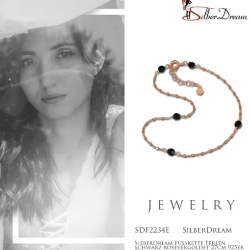 SilberDream Fußkette Perlen schwarz rosevergoldet 27cm 925er Silber SDF2234E