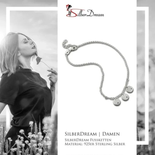 SilberDream Fußkette Plättchen Zirkonia schwarz 25cm 925 Silber SDF5115J