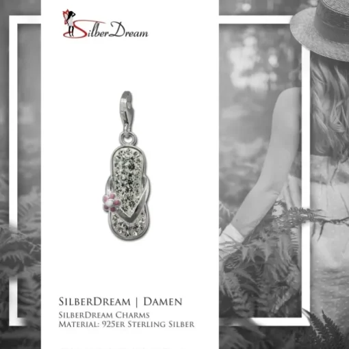SilberDream Glitzer Charm Flipflop Blume weiß Zirkonia Kristalle GSC563W
