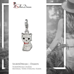 SilberDream Glitzer Charm Katze weiß Zirkonia Kristalle GSC506W