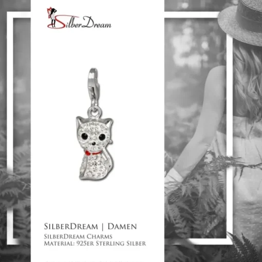 SilberDream Glitzer Charm Katze weiß Zirkonia Kristalle GSC506W