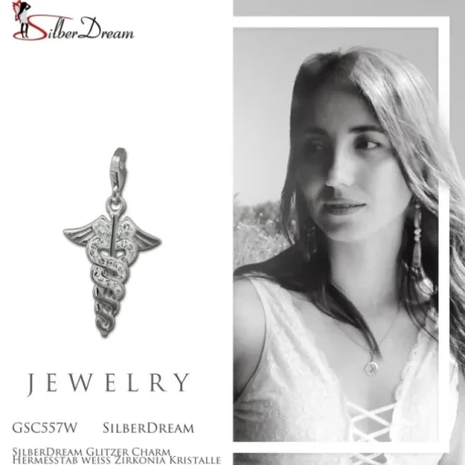 SilberDream Glitzer Charm Hermesstab weiß Zirkonia Kristalle GSC557W