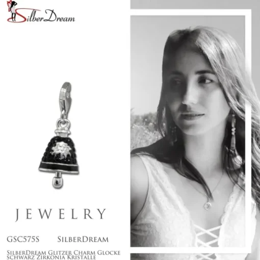 SilberDream Glitzer Charm Glocke schwarz Zirkonia Kristalle GSC575S