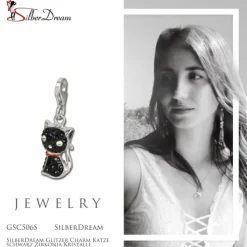 SilberDream Glitzer Charm Katze schwarz Zirkonia Kristalle GSC506S