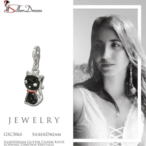 SilberDream Glitzer Charm Katze schwarz Zirkonia Kristalle GSC506S