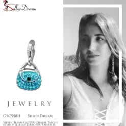SilberDream Glitzer Charm Tasche klein hellblau Zirkonia Kristalle GSC558H