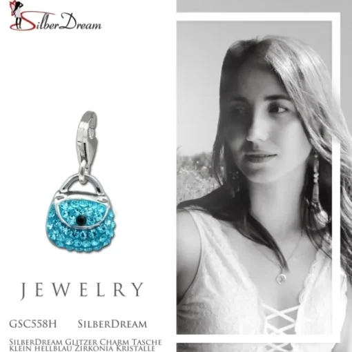 SilberDream Glitzer Charm Tasche klein hellblau Zirkonia Kristalle GSC558H