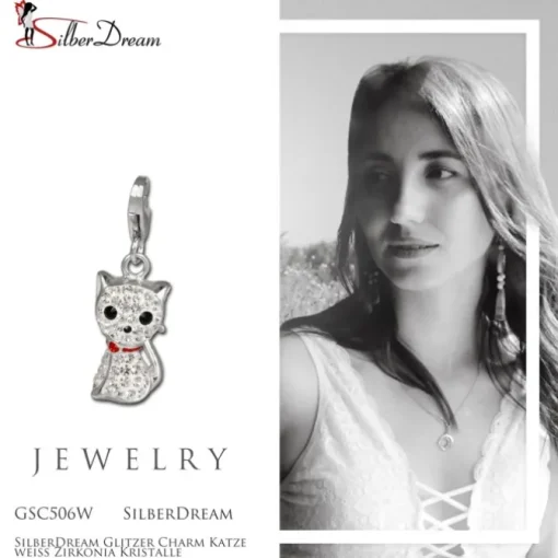 SilberDream Glitzer Charm Katze weiß Zirkonia Kristalle GSC506W
