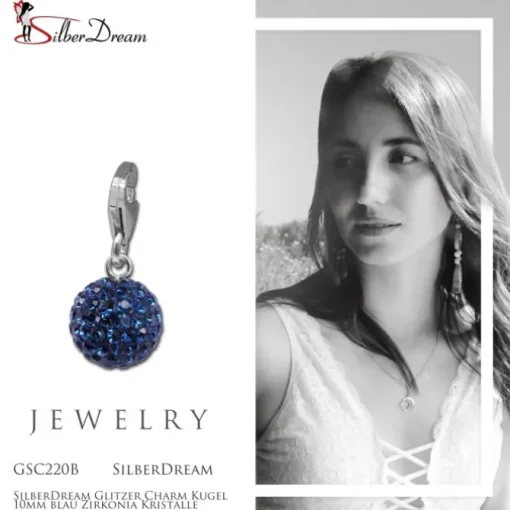 SilberDream Glitzer Charm Kugel 10mm blau Zirkonia Kristalle GSC220B