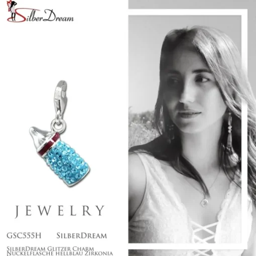 SilberDream Glitzer Charm Nuckelflasche hellblau Zirkonia Kristalle GSC555H