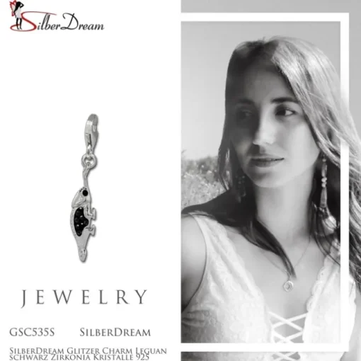 SilberDream Glitzer Charm Leguan schwarz Zirkonia Kristalle 925 GSC535S