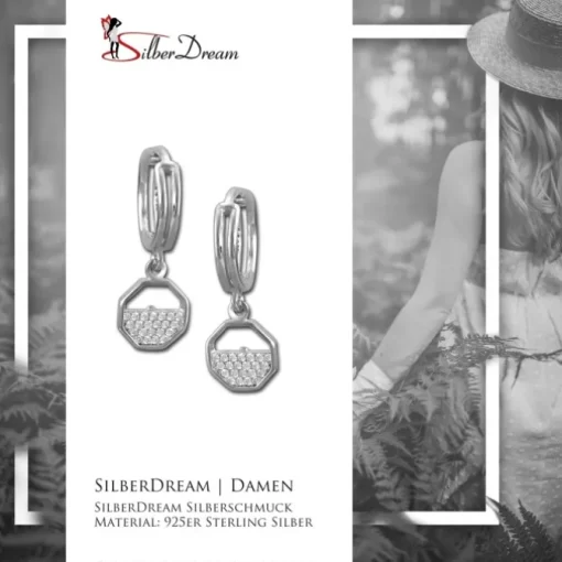 SilberDream Glitzer Creole Oktagon weiß 925er Silber Ohrring GSO481W