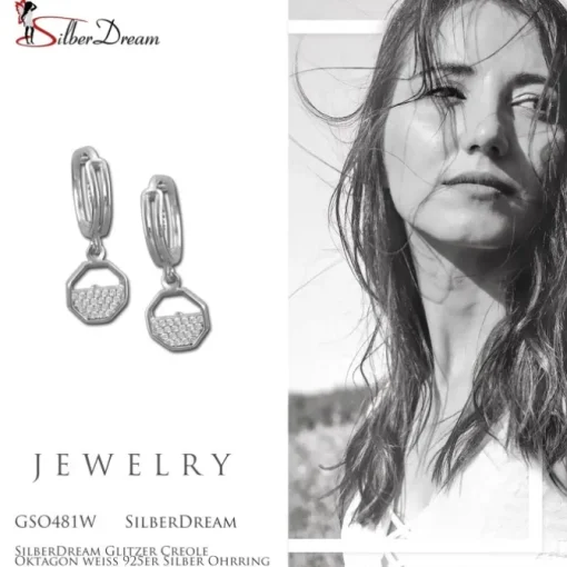 SilberDream Glitzer Creole Oktagon weiß 925er Silber Ohrring GSO481W