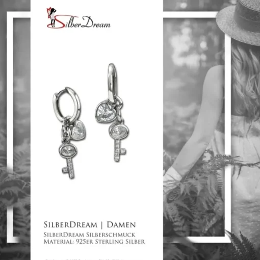 SilberDream Glitzer Creole Schlüssel, Herz Zirkonia 925er Silber Ohrring GSO506W