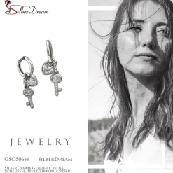 SilberDream Glitzer Creole Schlüssel, Herz Zirkonia 925er Silber Ohrring GSO506W