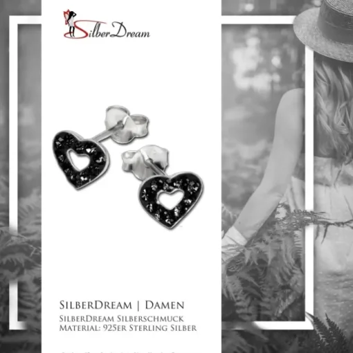 SilberDream Glitzer Ohrstecker Herz offen schwarz 925er Silber GSO402S