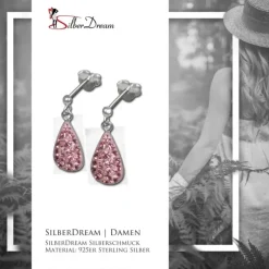 SilberDream Glitzer Ohrstecker Tropfen rosa 925 Silber GSO403P