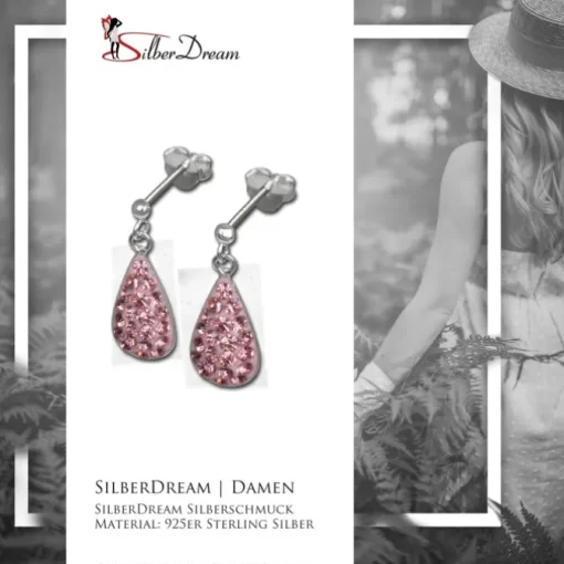 SilberDream Glitzer Ohrstecker Tropfen rosa 925 Silber GSO403P