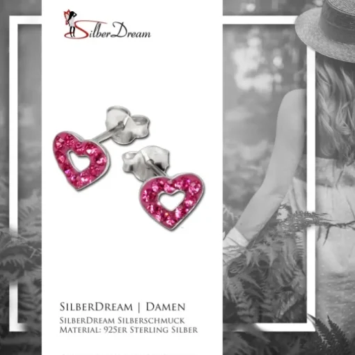 SilberDream Glitzer Ohrstecker Herz offen pink 925er Silber GSO402P