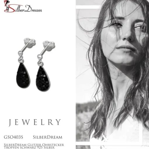 SilberDream Glitzer Ohrstecker Tropfen schwarz 925 Silber GSO403S