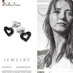 SilberDream Glitzer Ohrstecker Herz offen schwarz 925er Silber GSO402S