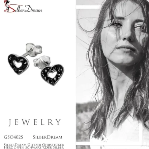 SilberDream Glitzer Ohrstecker Herz offen schwarz 925er Silber GSO402S