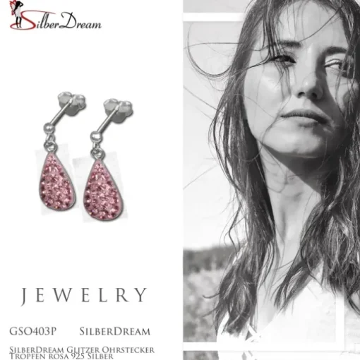 SilberDream Glitzer Ohrstecker Tropfen rosa 925 Silber GSO403P
