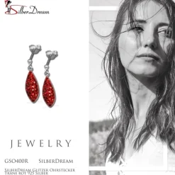 SilberDream Glitzer Ohrstecker Träne rot 925 Silber GSO400R