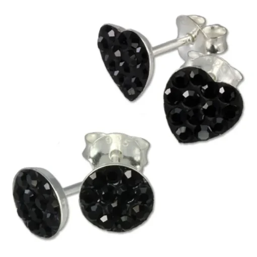 SilberDream Glitzer Set Ohrstecker Herz+Rund schwarz Ohrring 925 Silber GSS200S