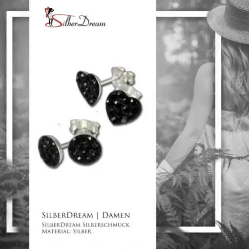 SilberDream Glitzer Set Ohrstecker Herz+Rund schwarz Ohrring 925 Silber GSS200S