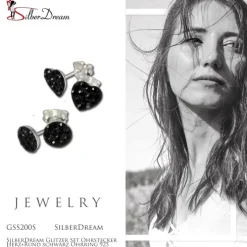 SilberDream Glitzer Set Ohrstecker Herz+Rund schwarz Ohrring 925 Silber GSS200S