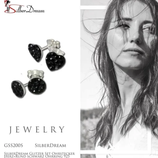 SilberDream Glitzer Set Ohrstecker Herz+Rund schwarz Ohrring 925 Silber GSS200S