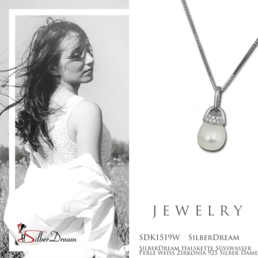 SilberDream Halskette Süßwasser Perle weiß Zirkonia 925 Silber Damen SDK1519W
