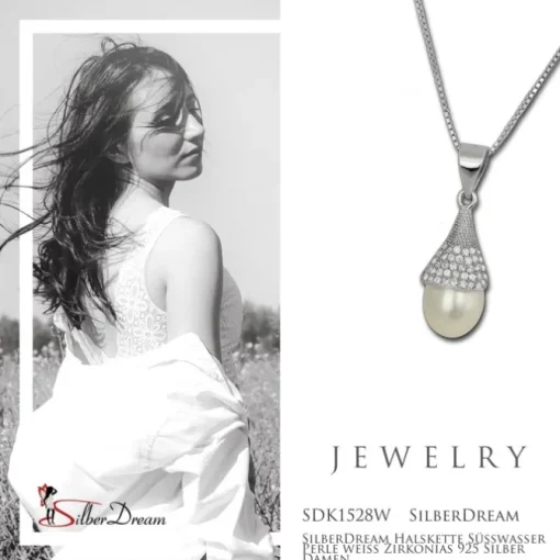 SilberDream Halskette Süßwasser Perle weiß Zirkonias 925 Silber Damen SDK1528W