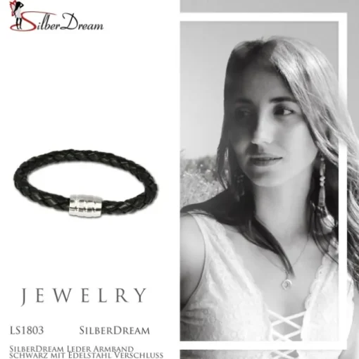 SilberDream Leder Armband schwarz mit Edelstahl Verschluss LS1803